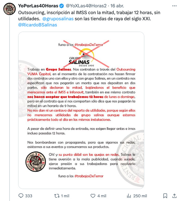 #YoPorLas40Horas exhibe irregularidades laborales en Grupo Salinas