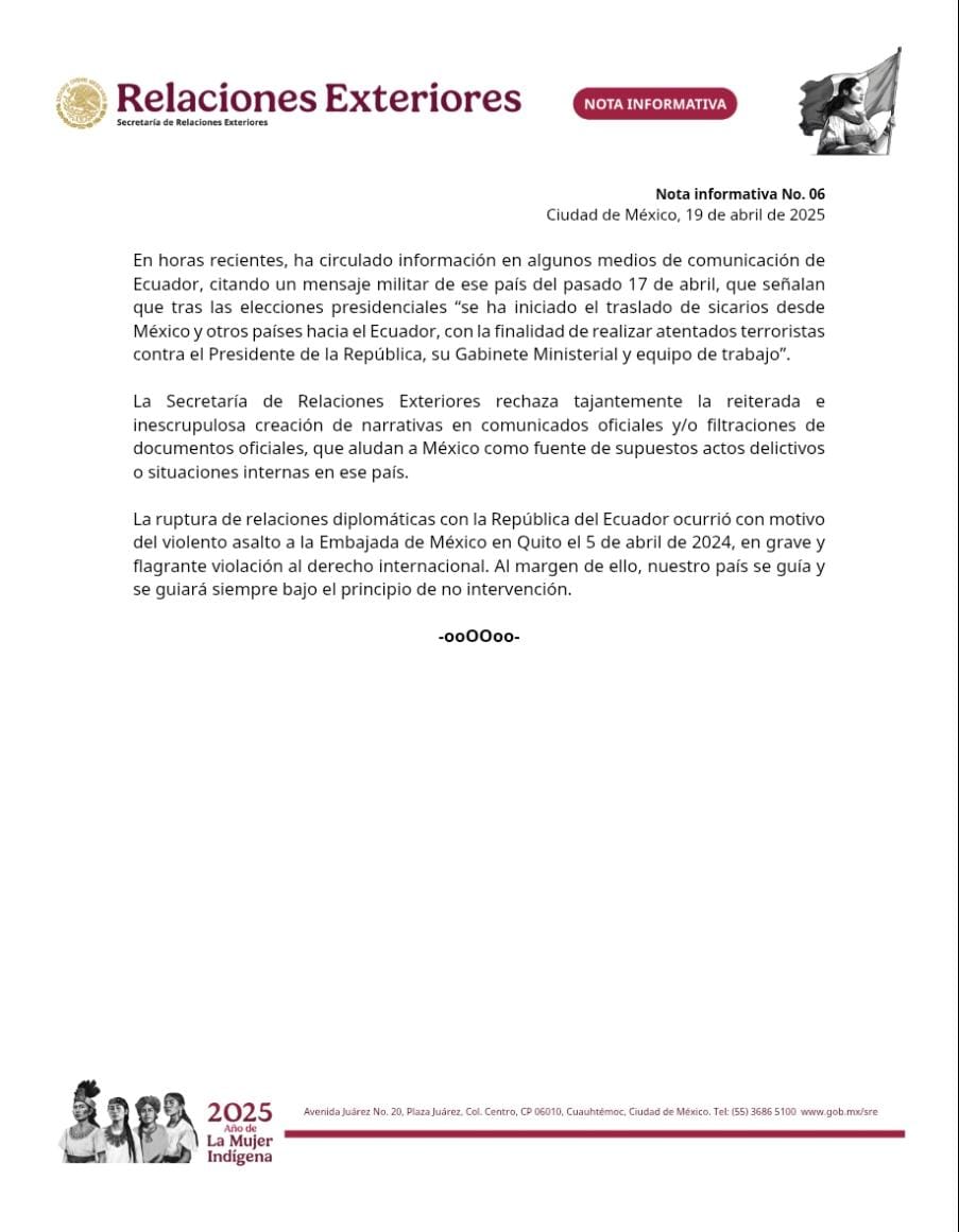 SRE rechaza que México envíe sicarios a Ecuador
