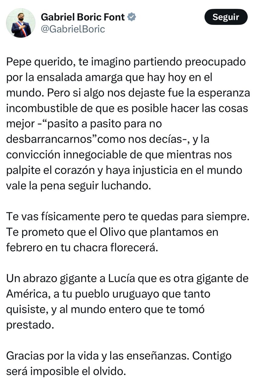 Boric lamenta muerte de Mujica