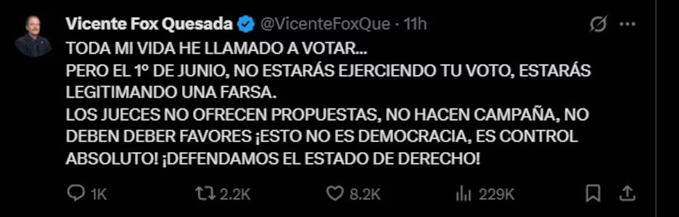 Fox llama a no votar en la elección judicial