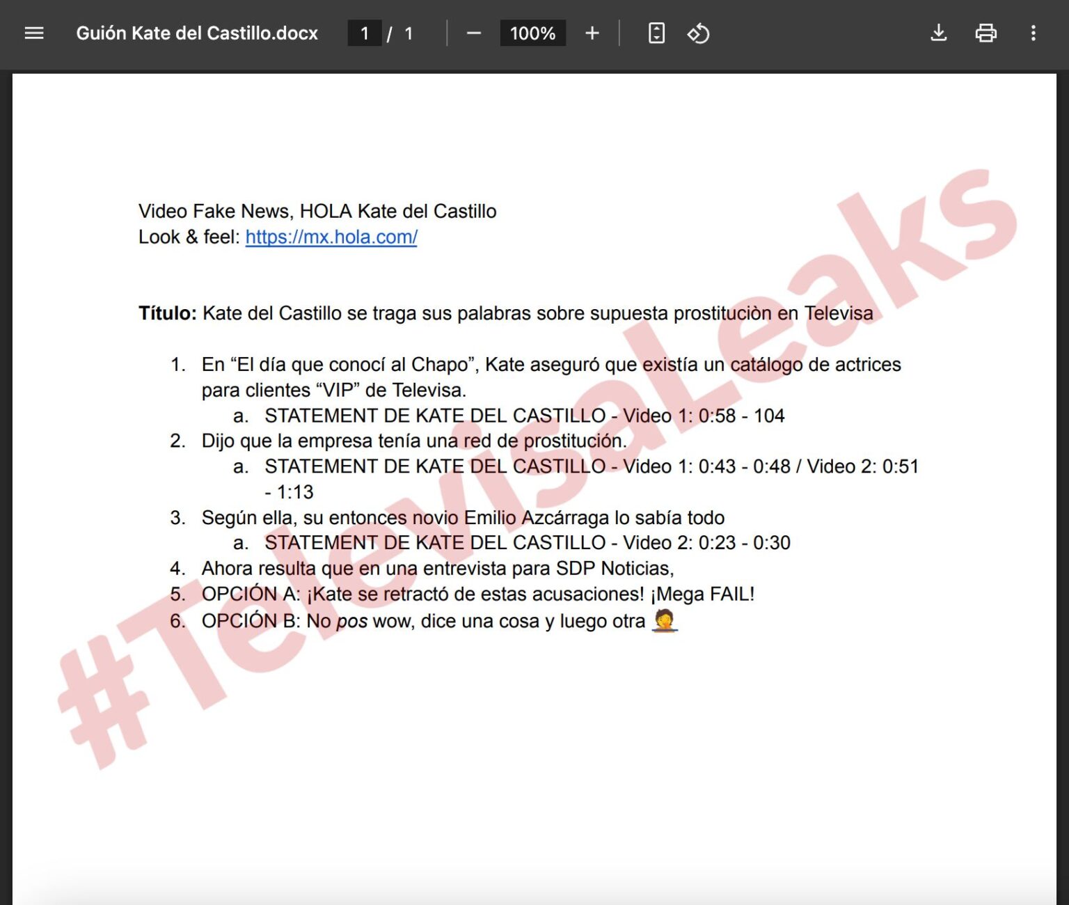 Guion Kate del Castillo Televisa Leaks