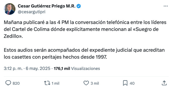 Gutiérrez Priego publica segunda parte de audios de Zedillo