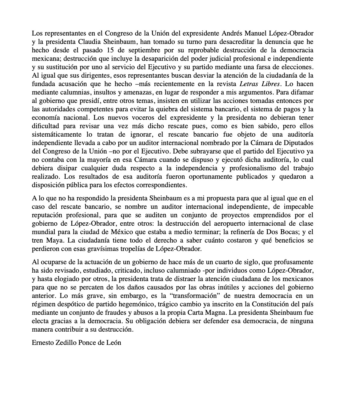 Nueva carta de Ernesto Zedillo Ponce