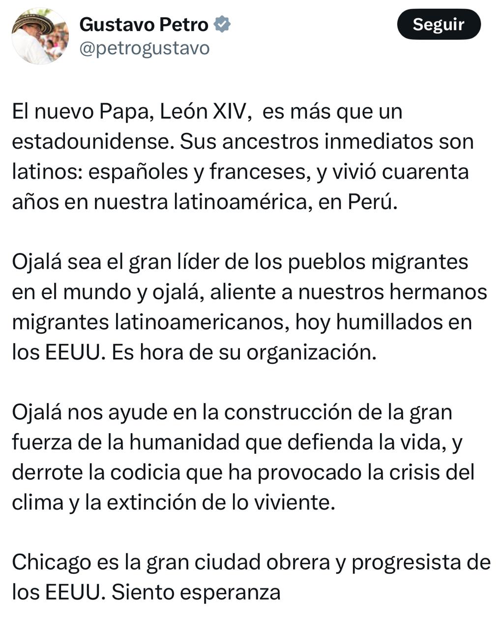 Petro felicita al papa León XIV