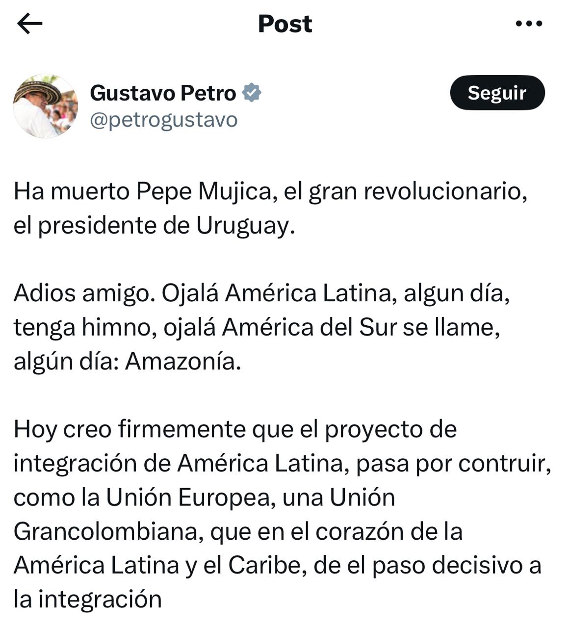 Petro lamenta muerte de Mujica