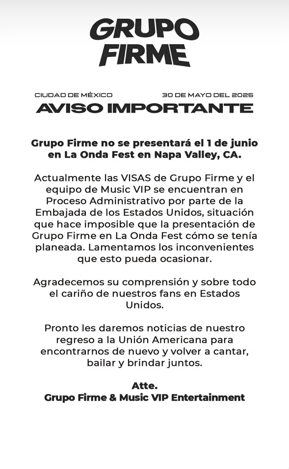 ¿Por qué Grupo Firme canceló concierto en EU?