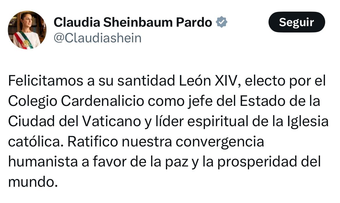 Sheinbaum felicita al papa León XIV