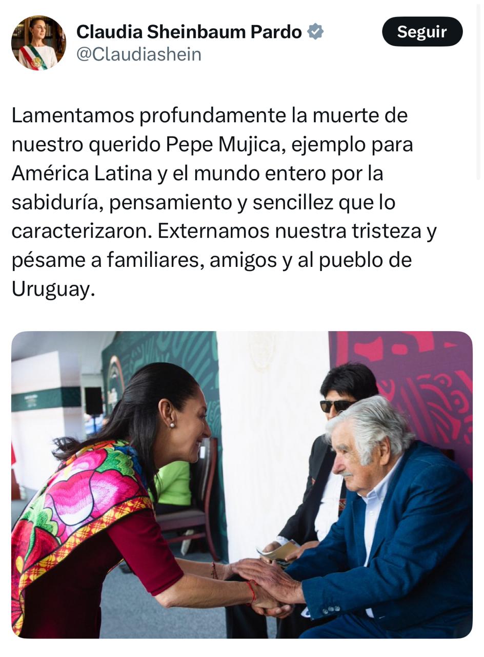 Sheinbaum lamenta muerte de Mujica