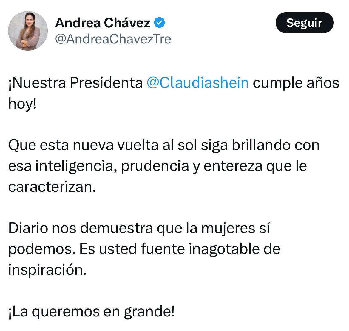 Andrea Chávez felicita a Sheinbaum