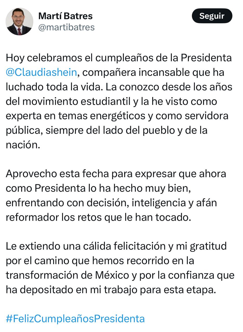 Batres felicita a Sheinbaum