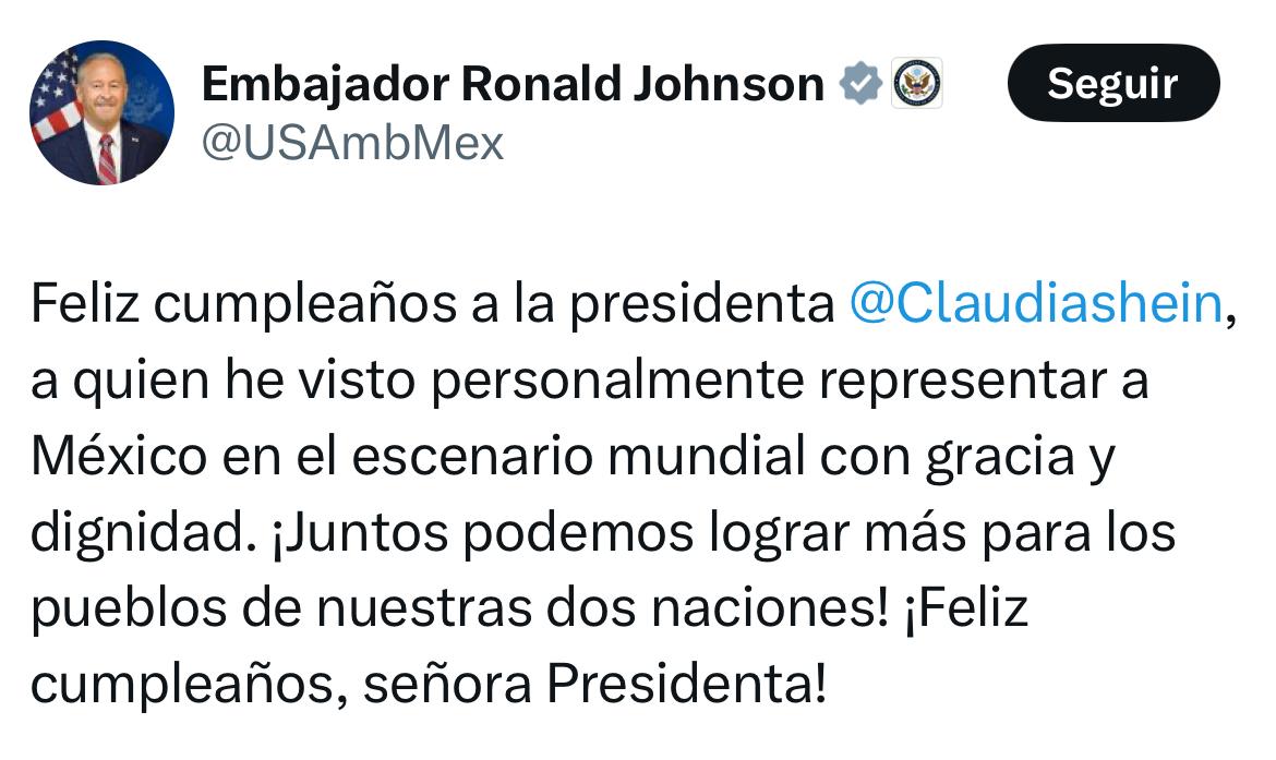 Embajador felicita a Sheinbaum