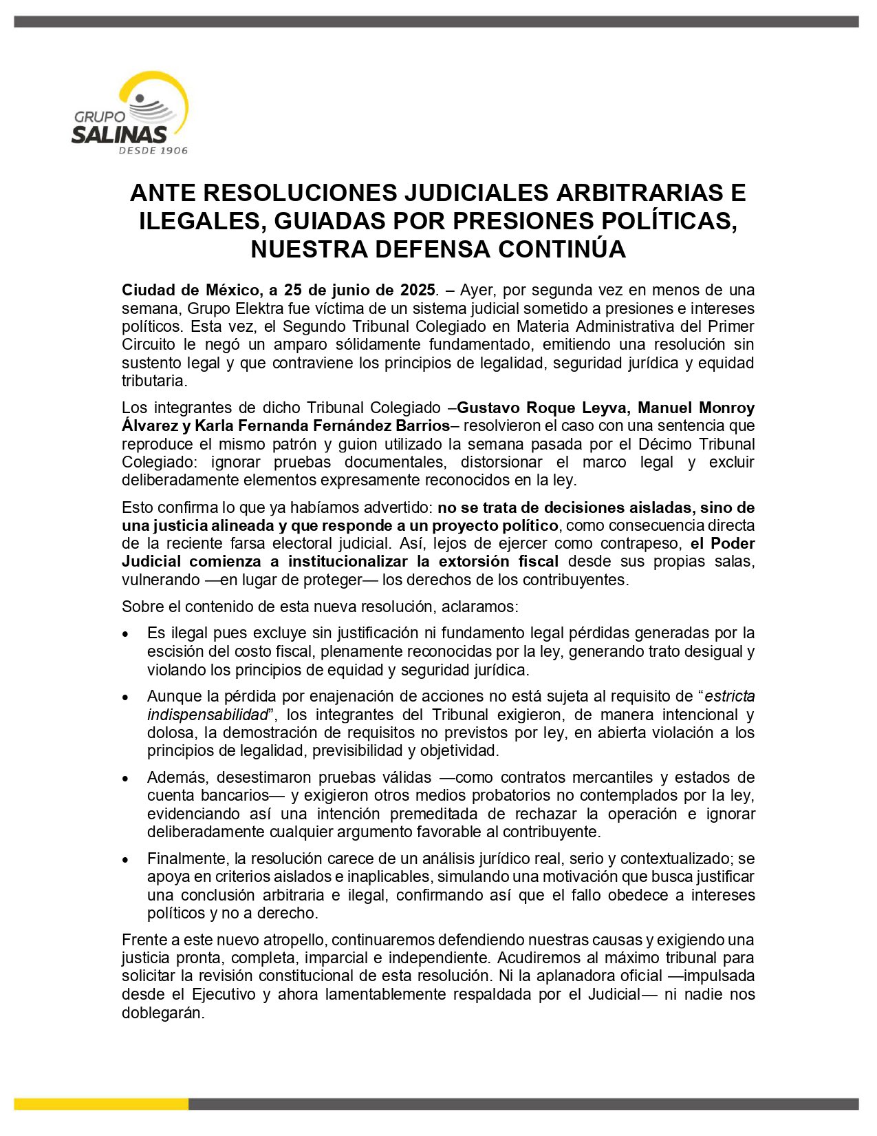 Grupo Salinas comunicado 25 de junio