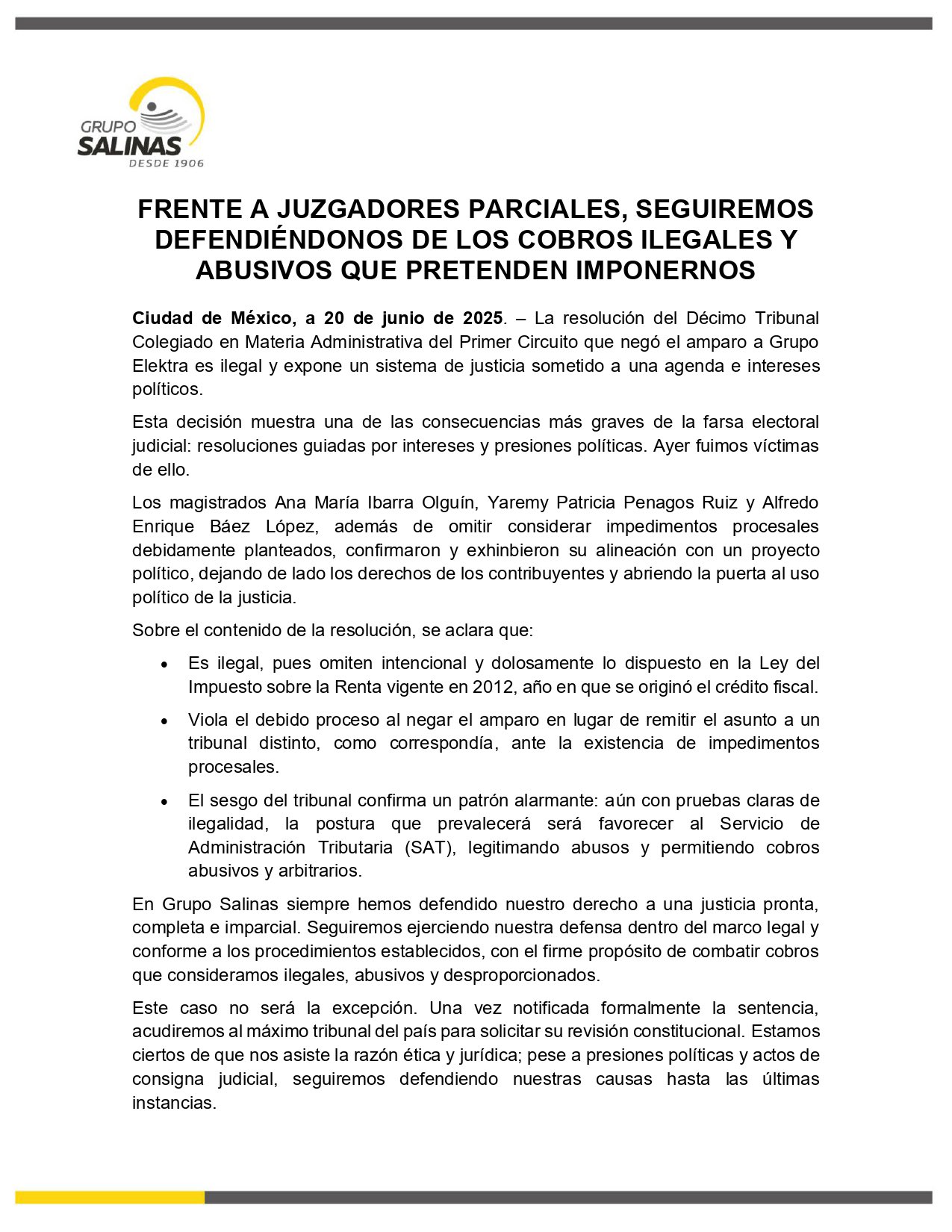 Grupo Salinas comunicado