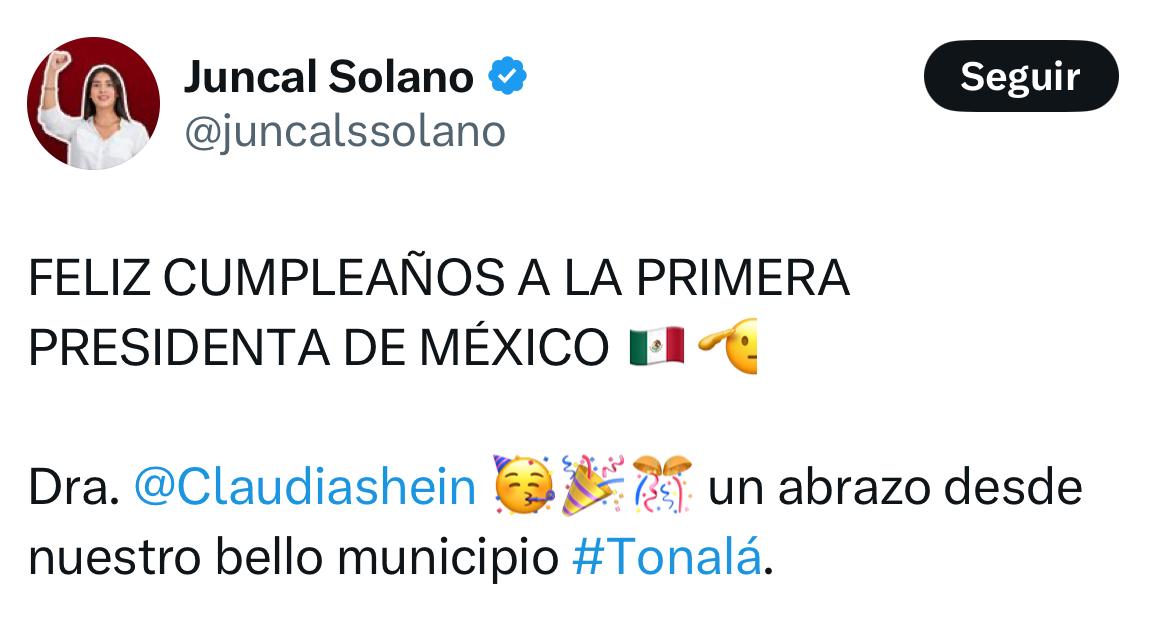 Juncal felicita a Sheinbaum