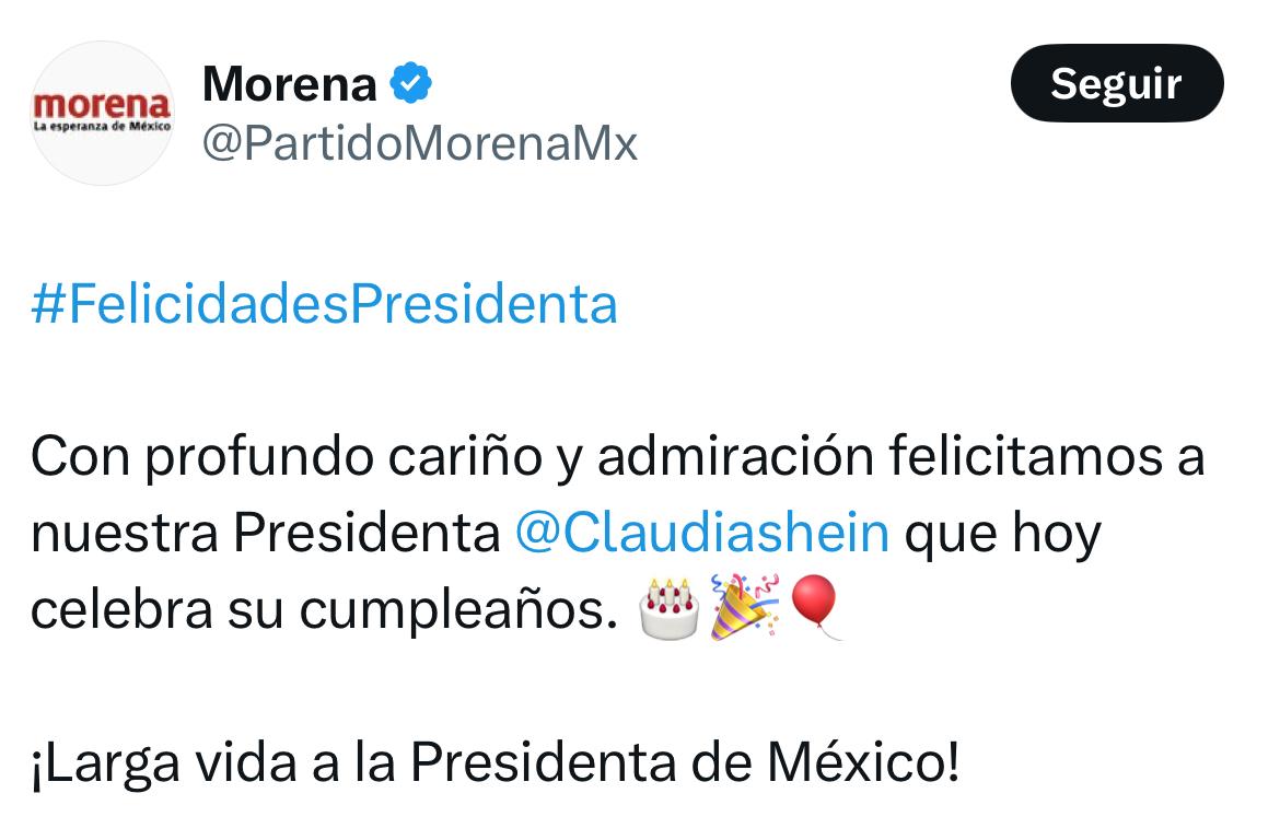 Morena felicita a Sheinbaum