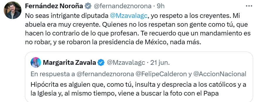 Noroña responde a Margarita Zavala