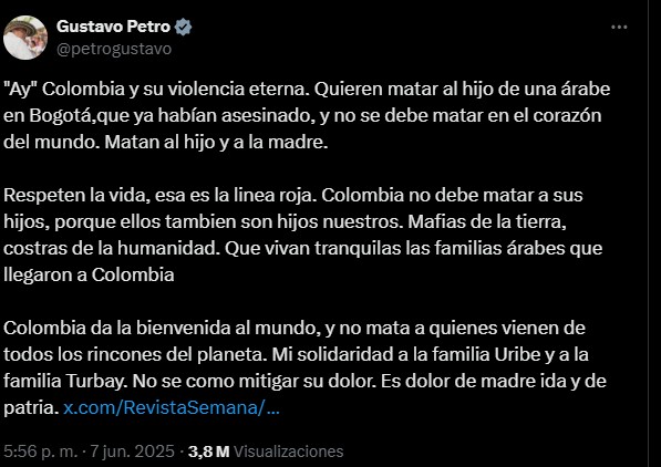 Petro condena atentado contra Miguel Uribe
