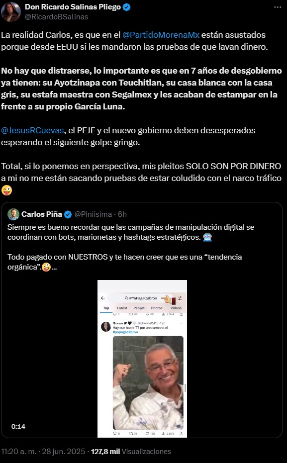 Salinas Pliego acusa campaña negra y se victimiza