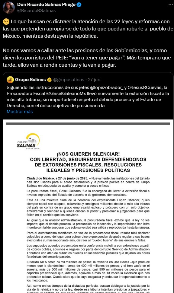 Salinas Pliego acusa campaña negra y se victimiza