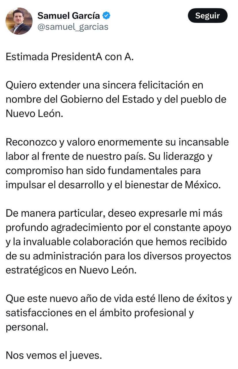 Samuel García felicita a Sheinbaum