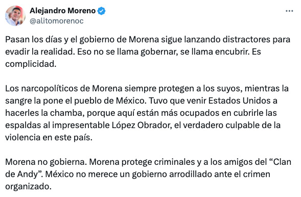 Alito Moreno acusa Morena de "encubrir" al crimen organizado