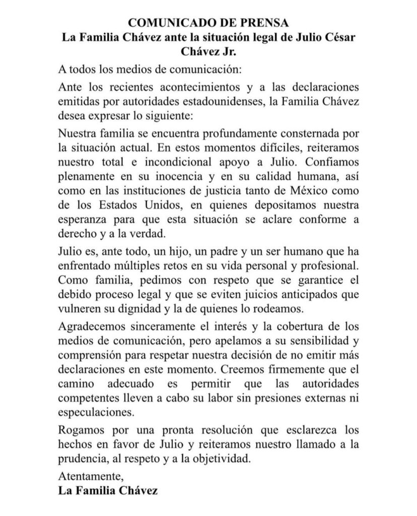 Comunicado de la familia de JC. Chávez Jr.