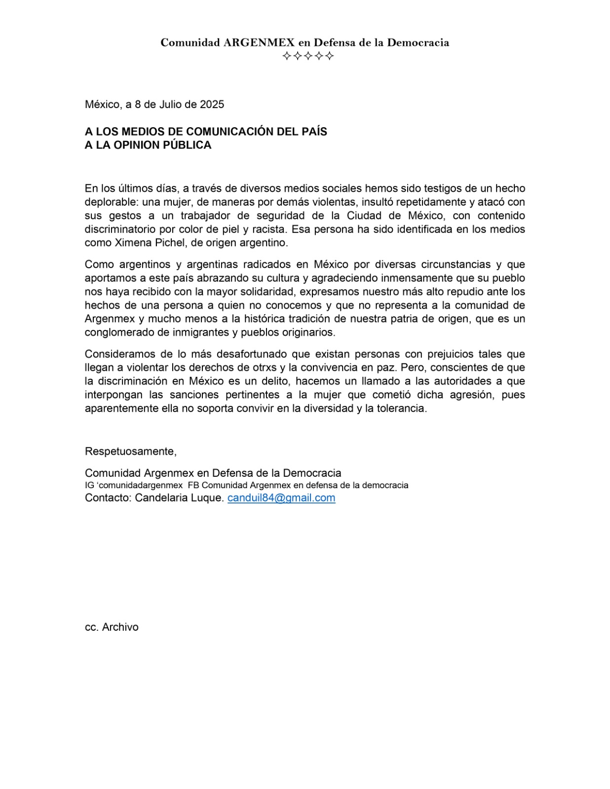 Comunidad argentina vs. Lady Racista