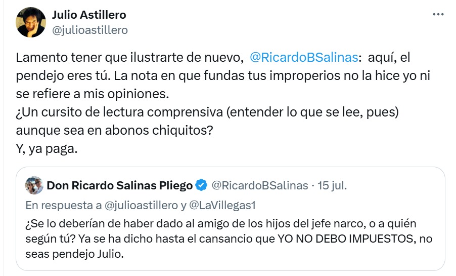 Julio Astillero responde a Salinas