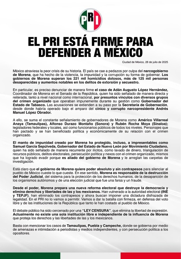PRI se lanza vs Morena y amenza con denunciar