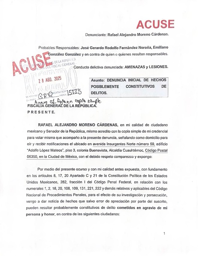 Alito Moreno denuncia a Noroña y a colaborador del Senado