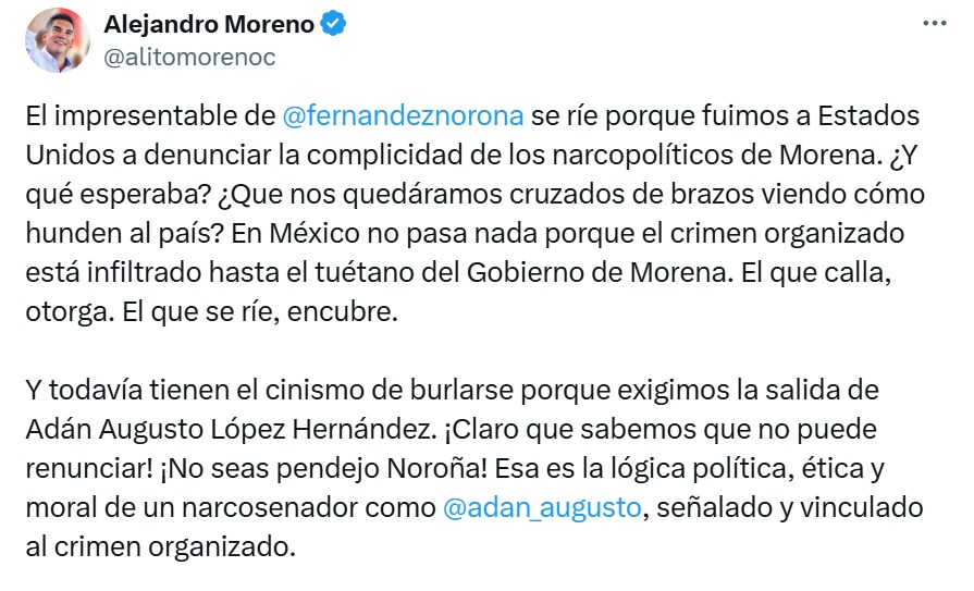 Alito Moreno en X contra Noroña