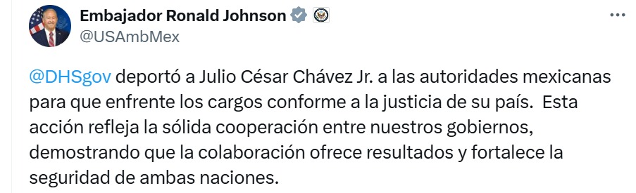 Embajador de EU reacciona a detención de Chávez Jr.