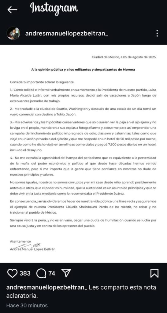 Instagram de Andrés López Beltrán
