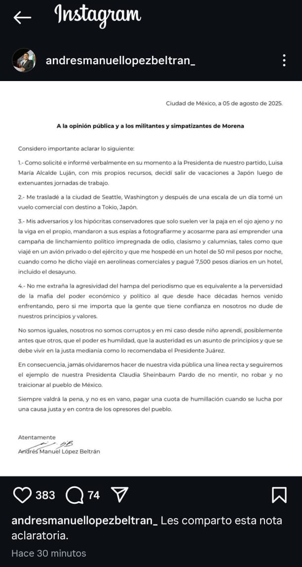Instagram de Andrés López Beltrán