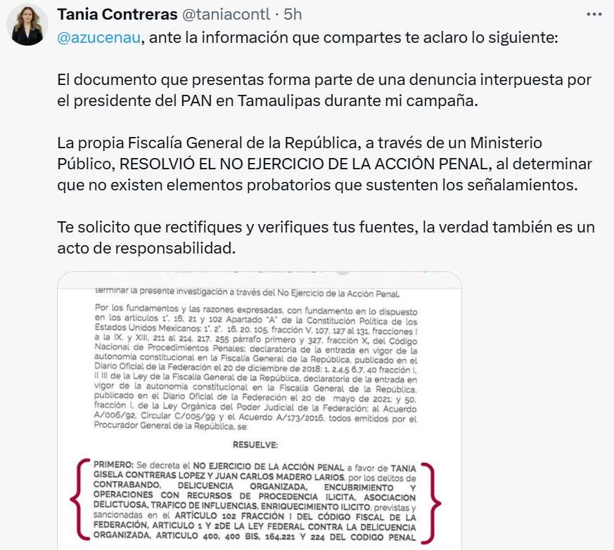 Tania Contreras responde a Azucena Uresti