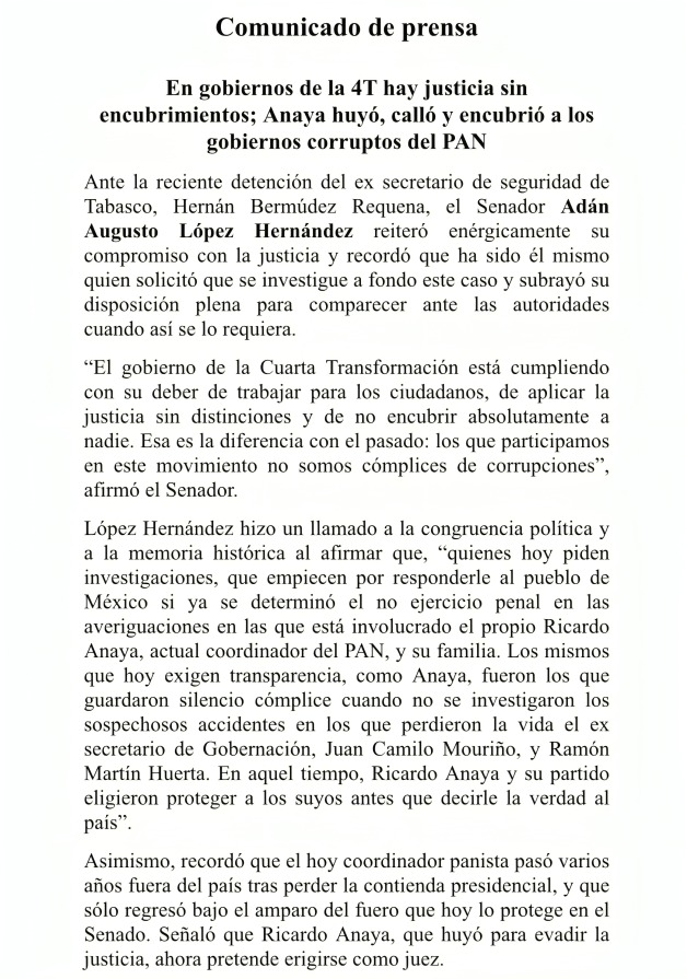 Adán Augusto asegura que no habrá complicidad en el caso de Bermúdez Requena