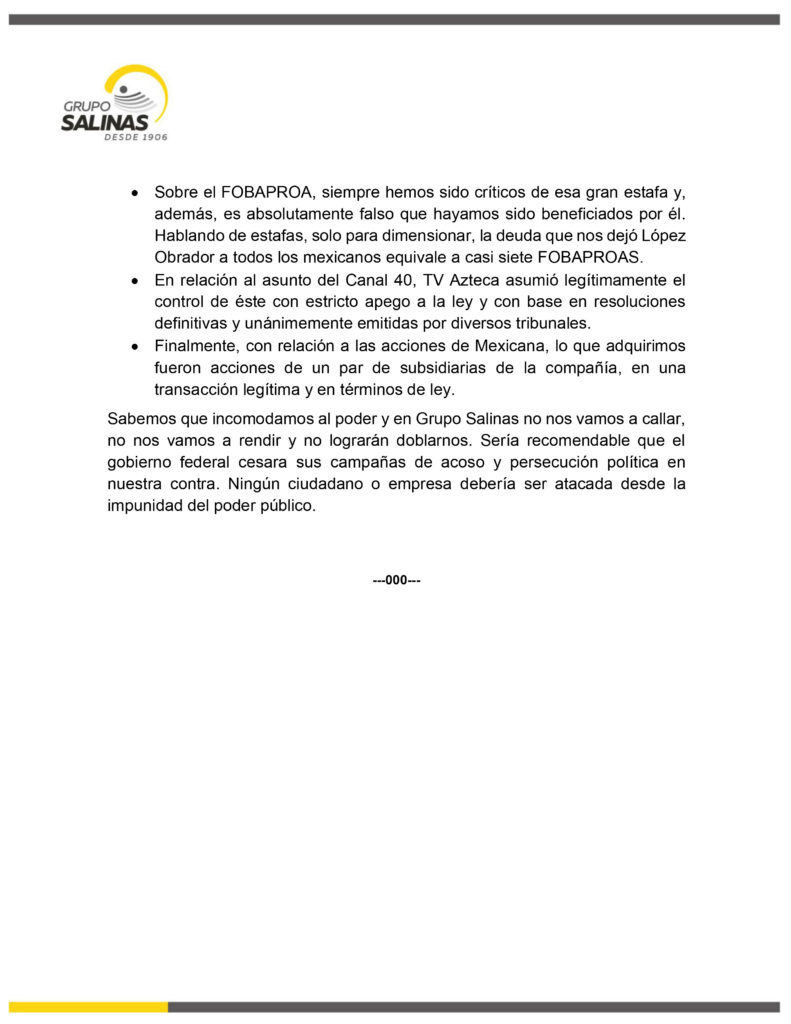 Anverso del comunicado de Grupo Salinas