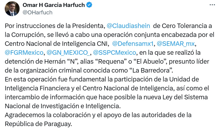 Harfuch confirma detención de Bermúdez Requena