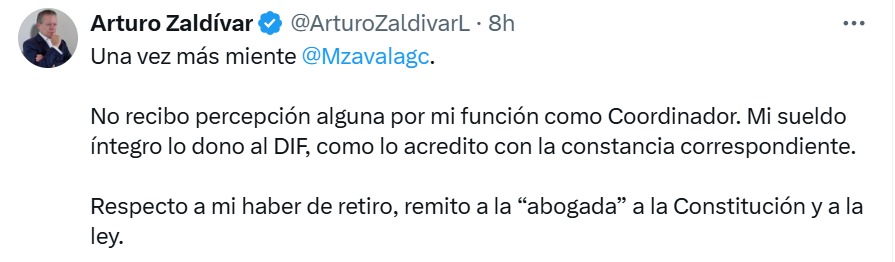 Zaldívar responde a Margarita Zavala