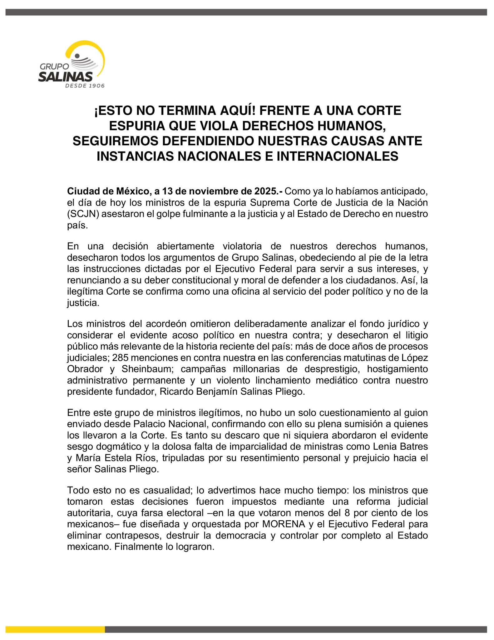 Comunicado de Grupo Salinas tras fallo 