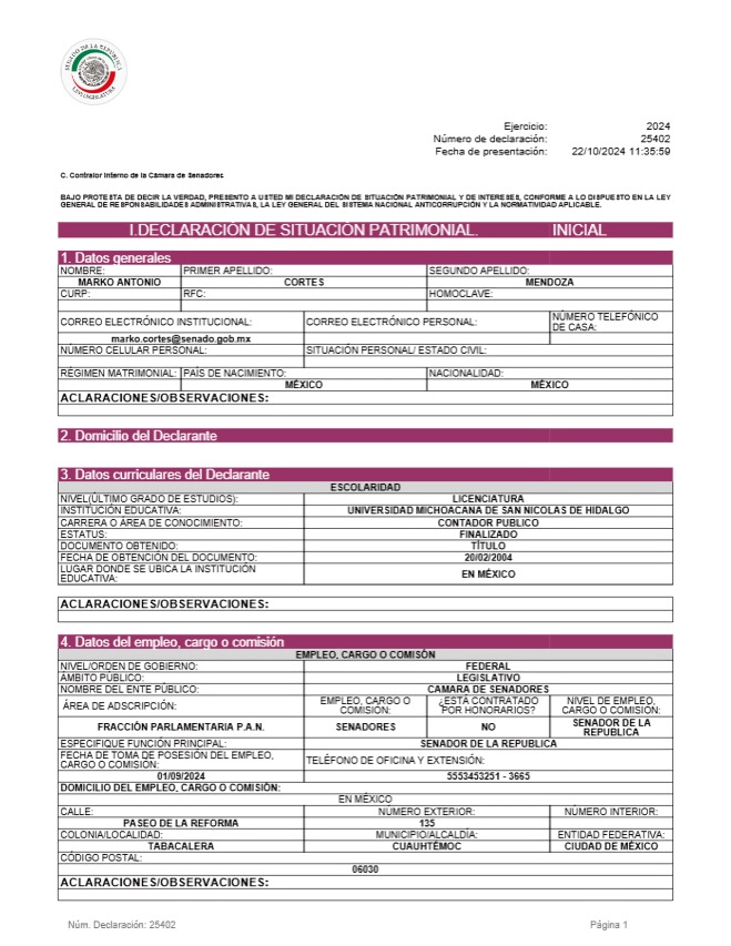 Declaración patrimonial de Marko Cortés