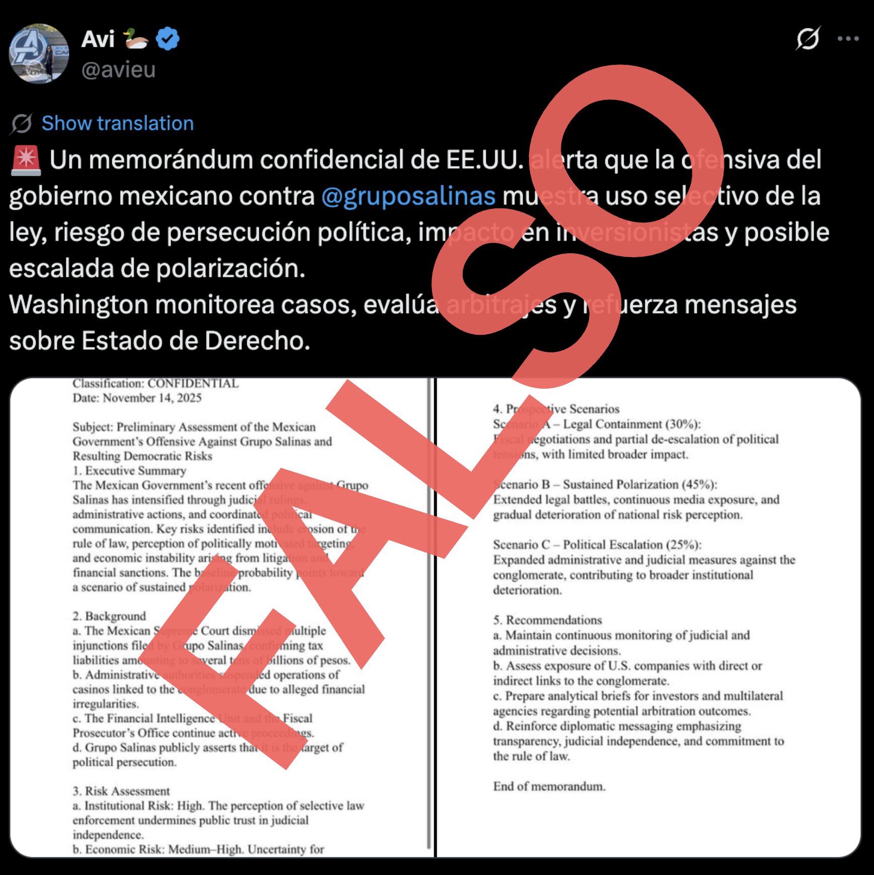 Embajada de EU niega memorándum sobre ofensiva a Grupo Salinas