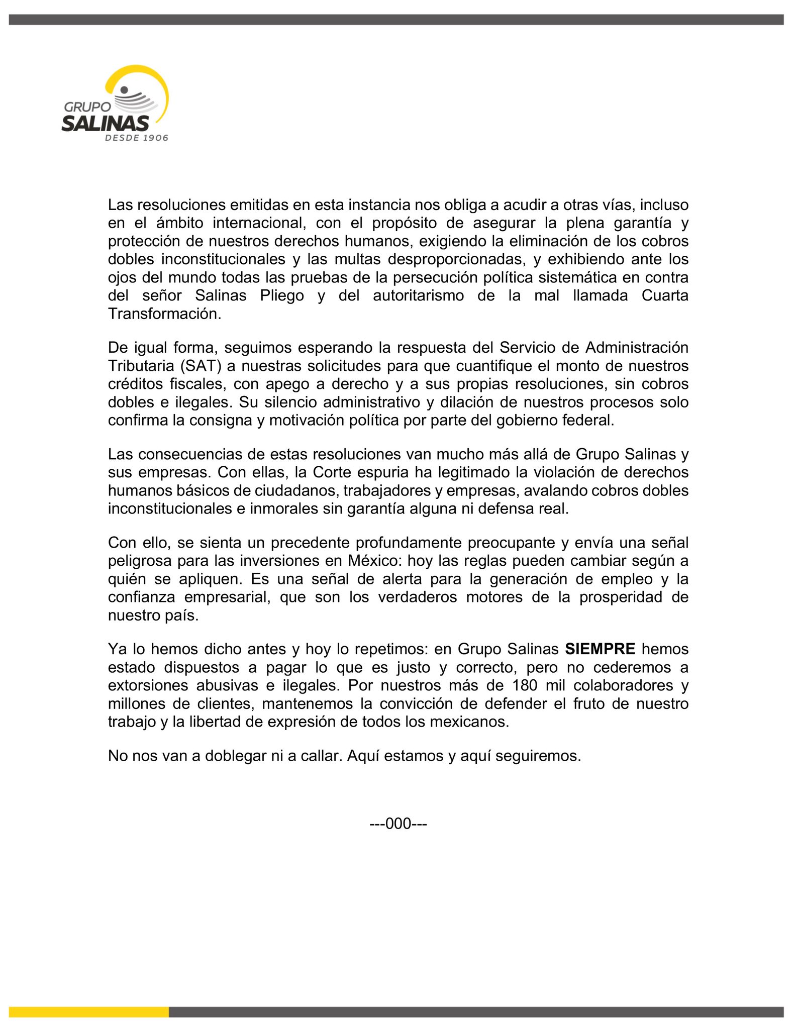 Grupo Salinas comunicado fallo