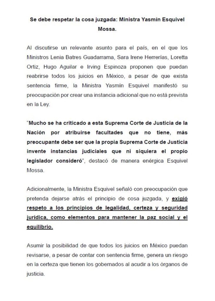 Oficio Esquivel sobre reabrir juicios