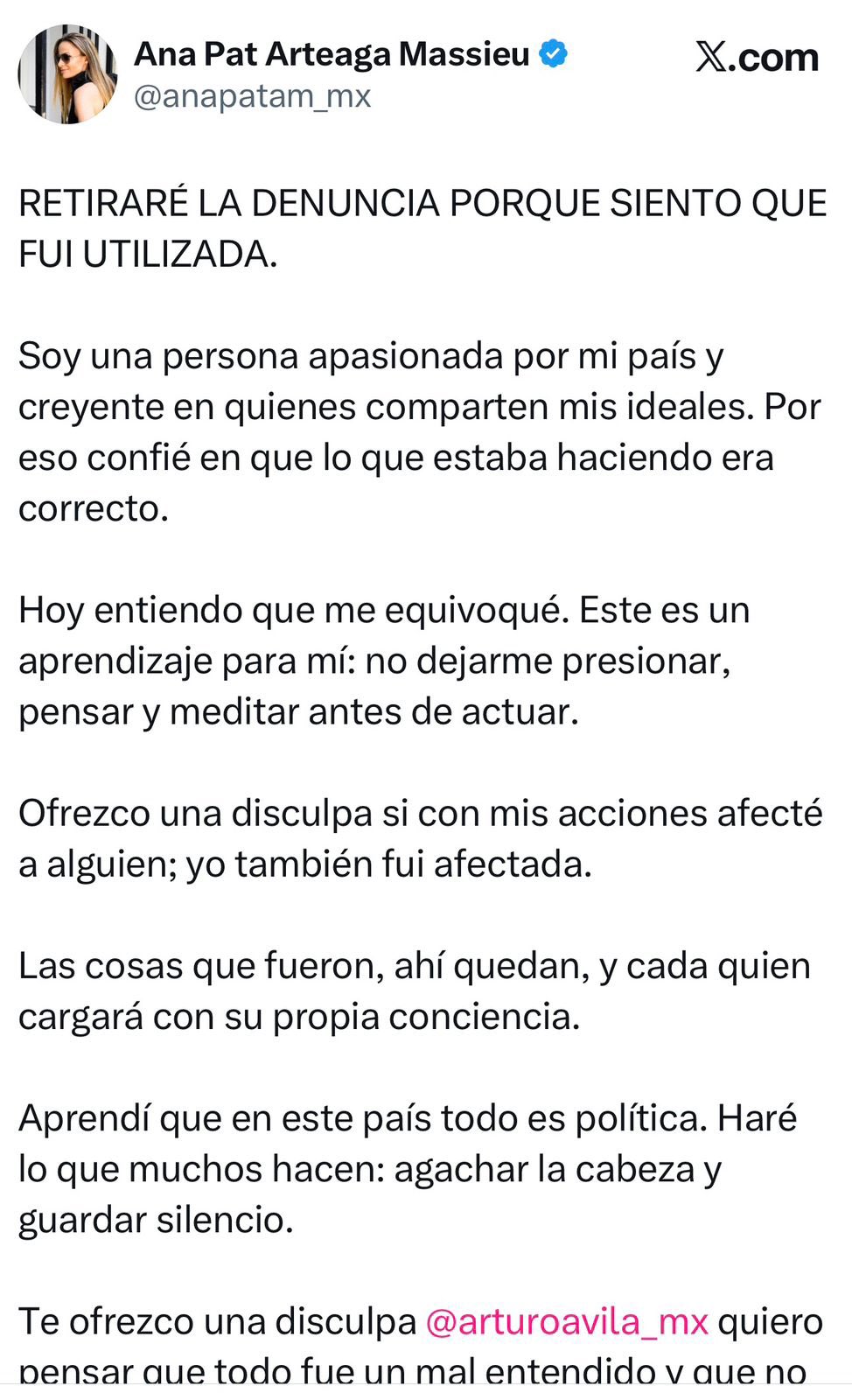 Tuit de Ana Patricia Arteaga