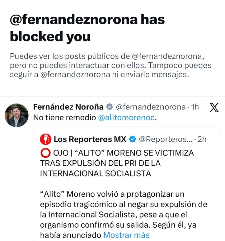 Alito Moreno revela que Noroña lo bloqueó