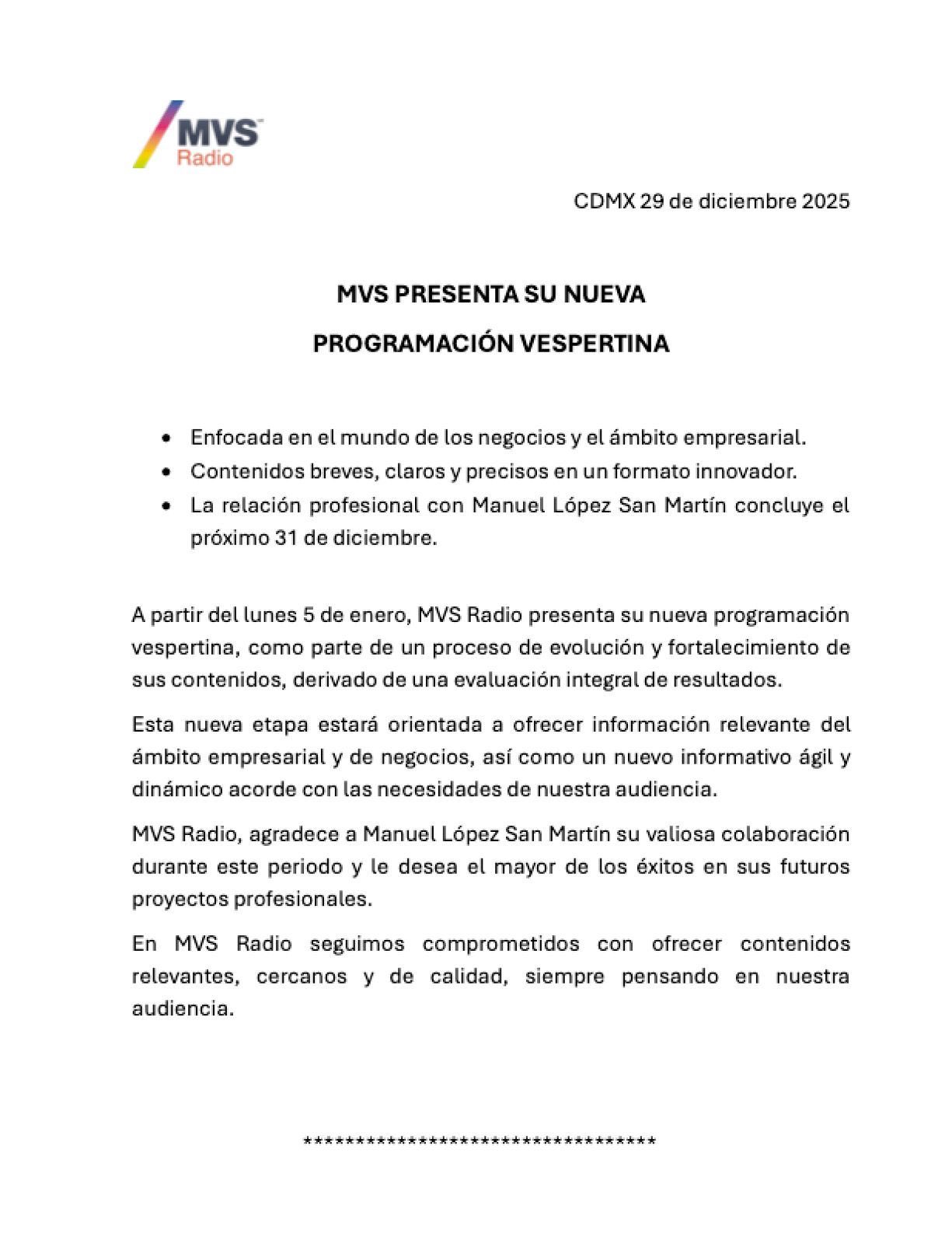 Comunicado MVS Noticias López San Martín