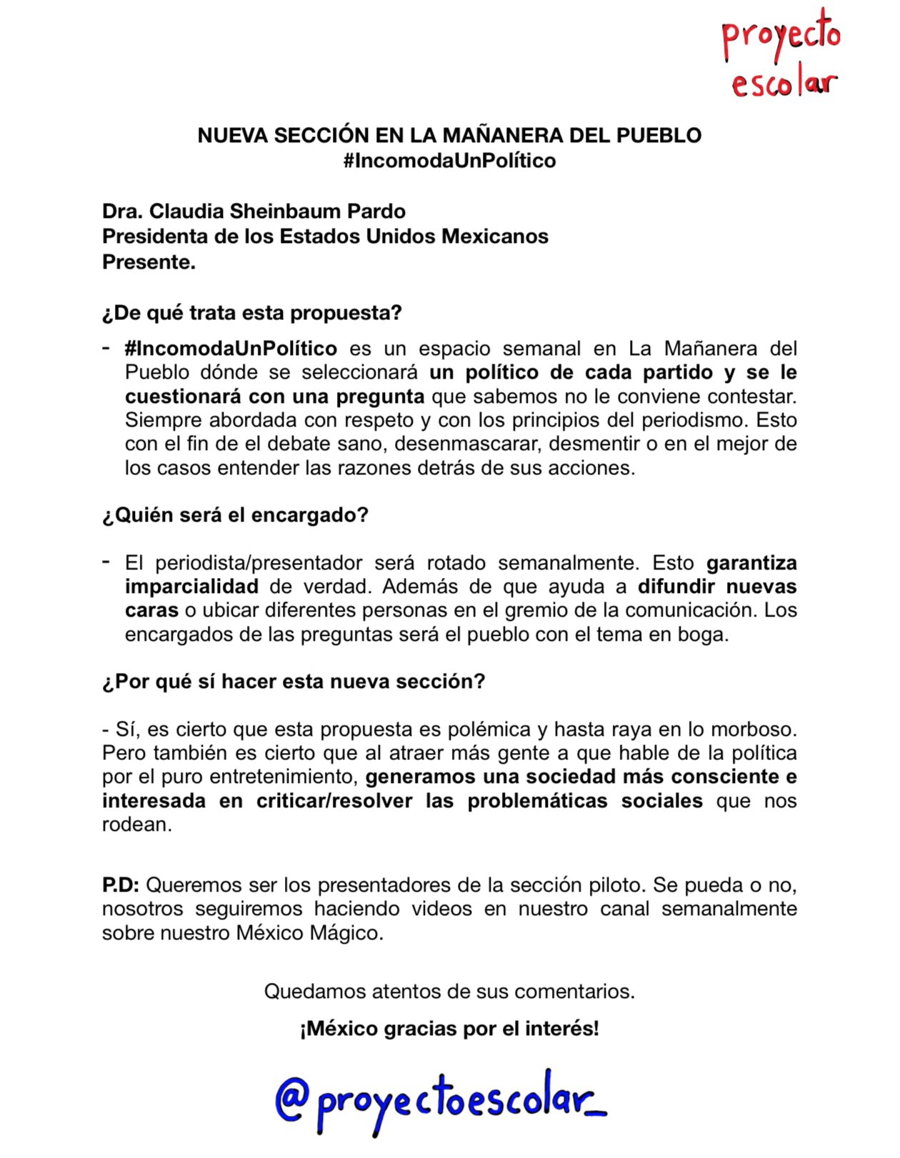Comunicado Proyecto Escolar