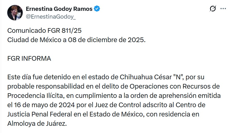 FGR informa detención César Duarte