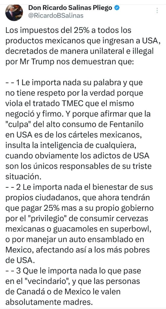 Ricardo Salinas contra Trump en X